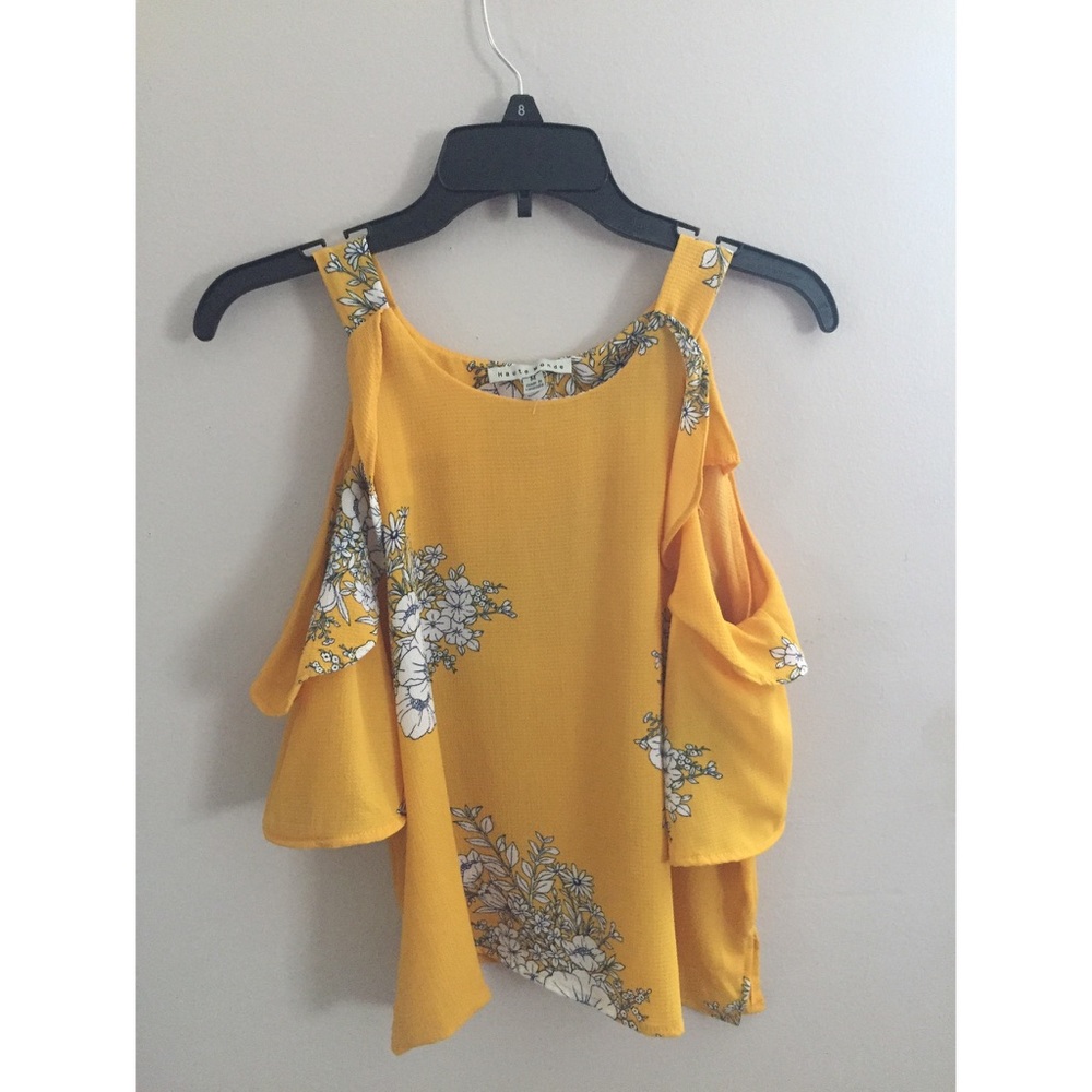 Yellow floral cold shoulder crop top